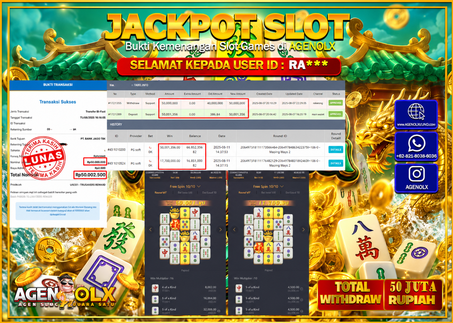 AGENOLX JACKPOT SLOT MAHJONG WAYS 2  Rp50.000.000- LUNAS