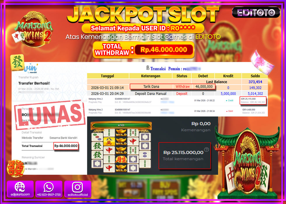 JACKPOT EDITOTO SLOT MAHJONG WINS 2 Rp.46.000.000,- LUNAS