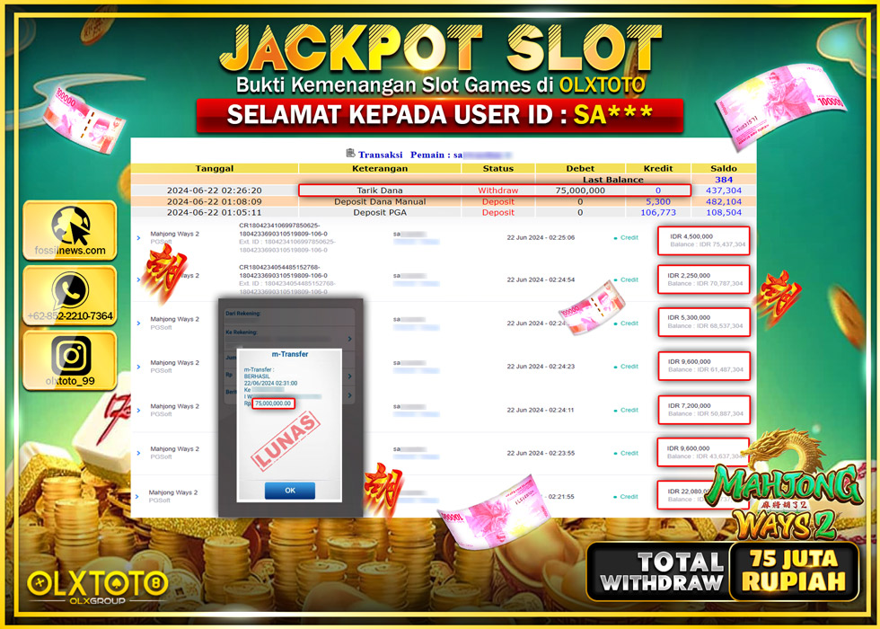 OLXTOTO JACKPOT SLOT MAHJONG WAYS 2 Rp.75.000.000.,- LUNAS