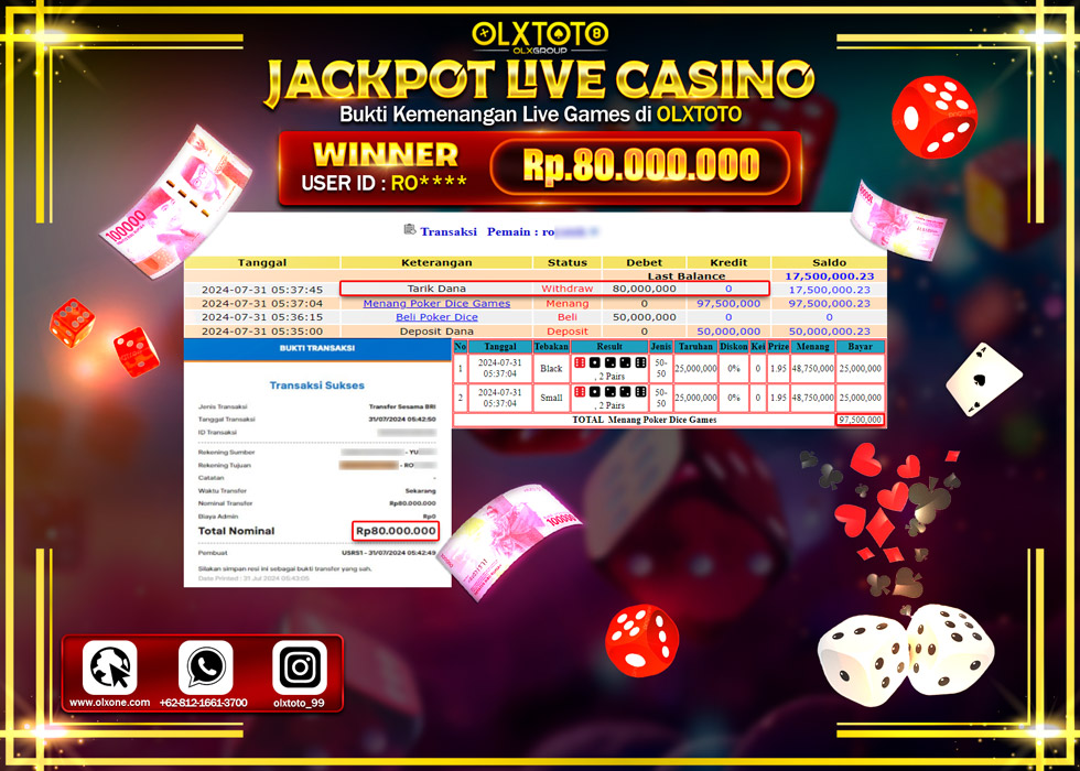 OLXTOTO JACKPOT  LIVE GAMES POKER DICE Rp.80.000.000.,- LUNAS