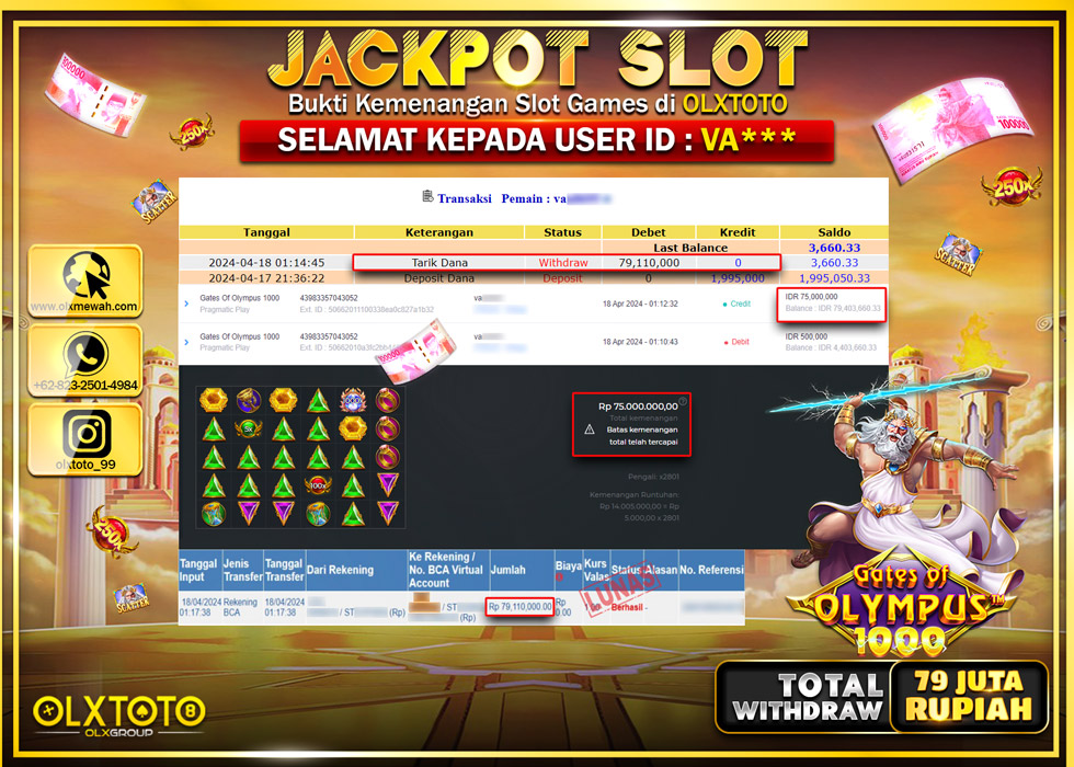 OLXTOTO JACKPOT SLOT GATES OF OLYMPUS 1000 Rp.79.110.000.,- LUNAS
