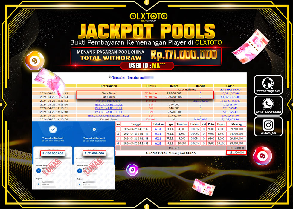 OLXTOTO JACKPOT TOGEL POOL CHINA  Rp.171.000.000.,- LUNAS