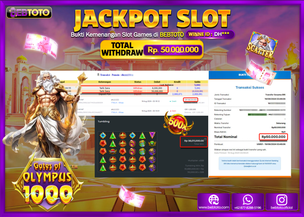 JACKPOT SLOT BEBTOTO Gates Of Olympus 1000 Rp.50.000.000.,- LUNAS
