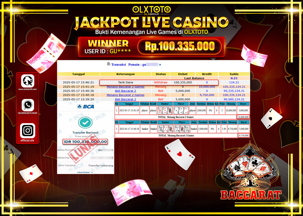 BINTANGSLOT77 JACKPOT  LIVE GAMES BACCARAT Rp.100.335.000.,- LUNAS