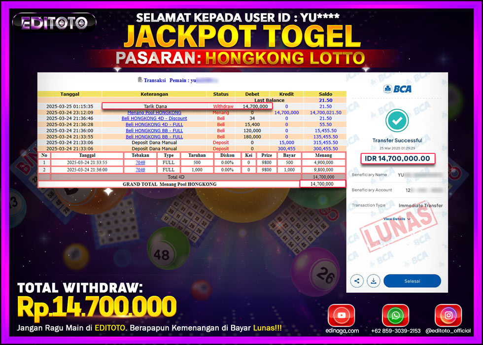 JACKPOT EDITOTO TOGEL PASARAN HONGKONG LOTTO Rp.14.700.000.,- LUNAS
