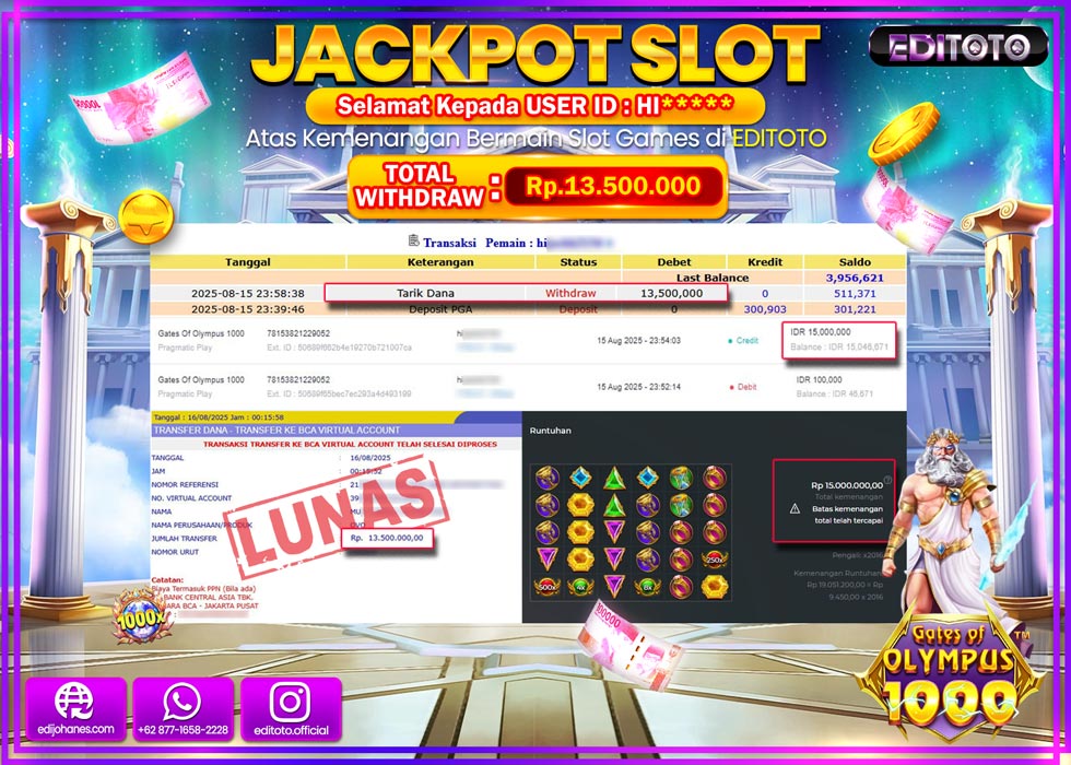 JACKPOT EDITOTO SLOT GATES OF OLYMPUS 1000 Rp.13.500.000,- LUNAS 