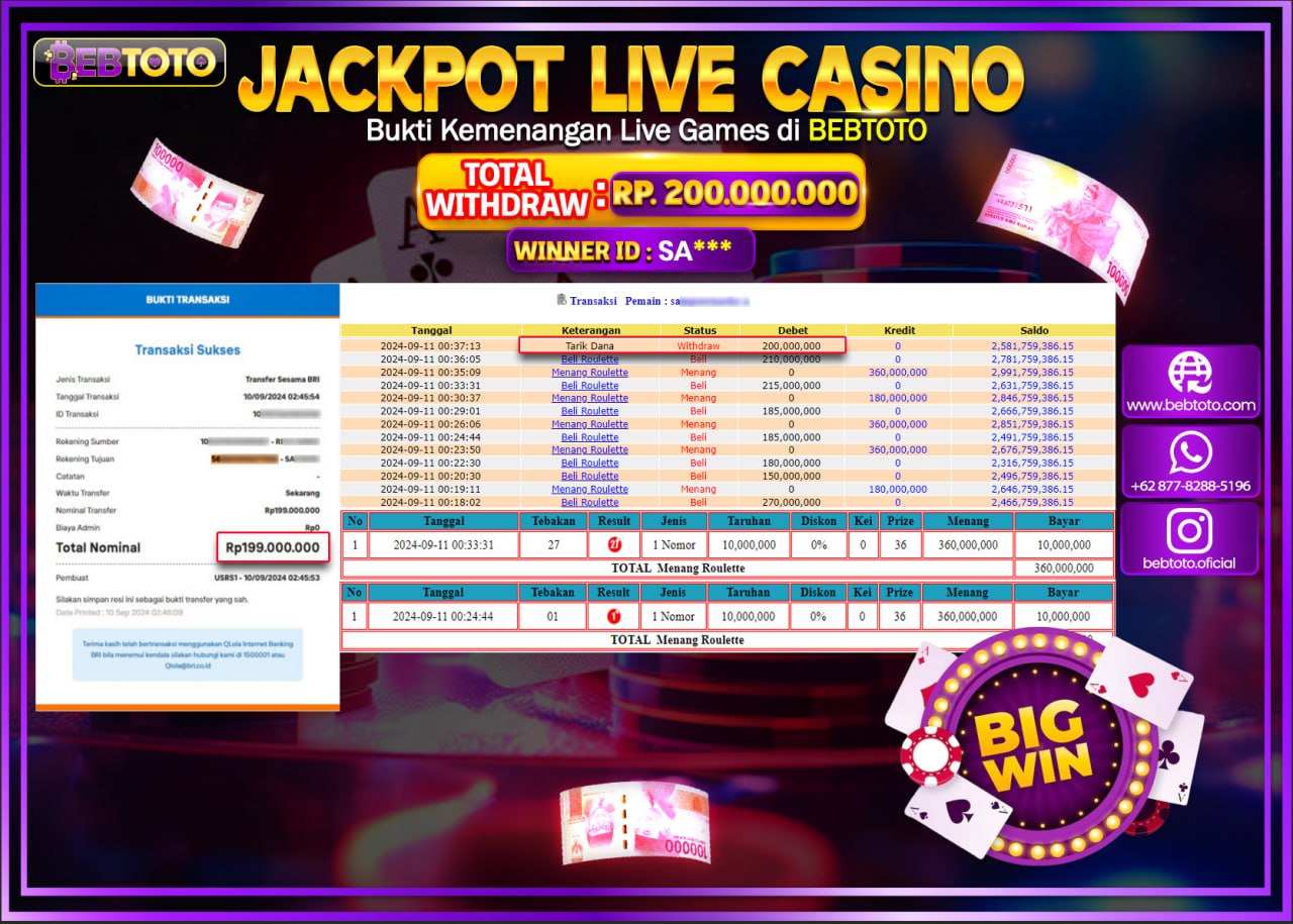 JACKPOT LIVE CASINO BEBTOTO ROULETTE Rp.200.000.000.,- LUNAS