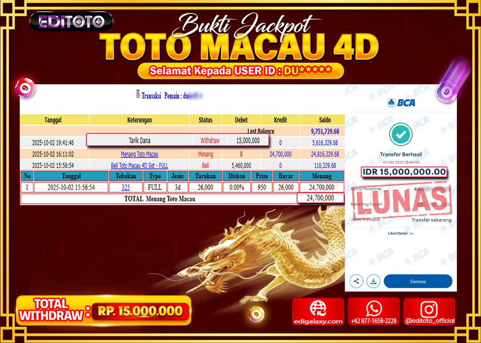 JACKPOT EDITOTO TOGEL PASARAN TOTO MACAU 4D Rp.15.000.000.,- LUNAS