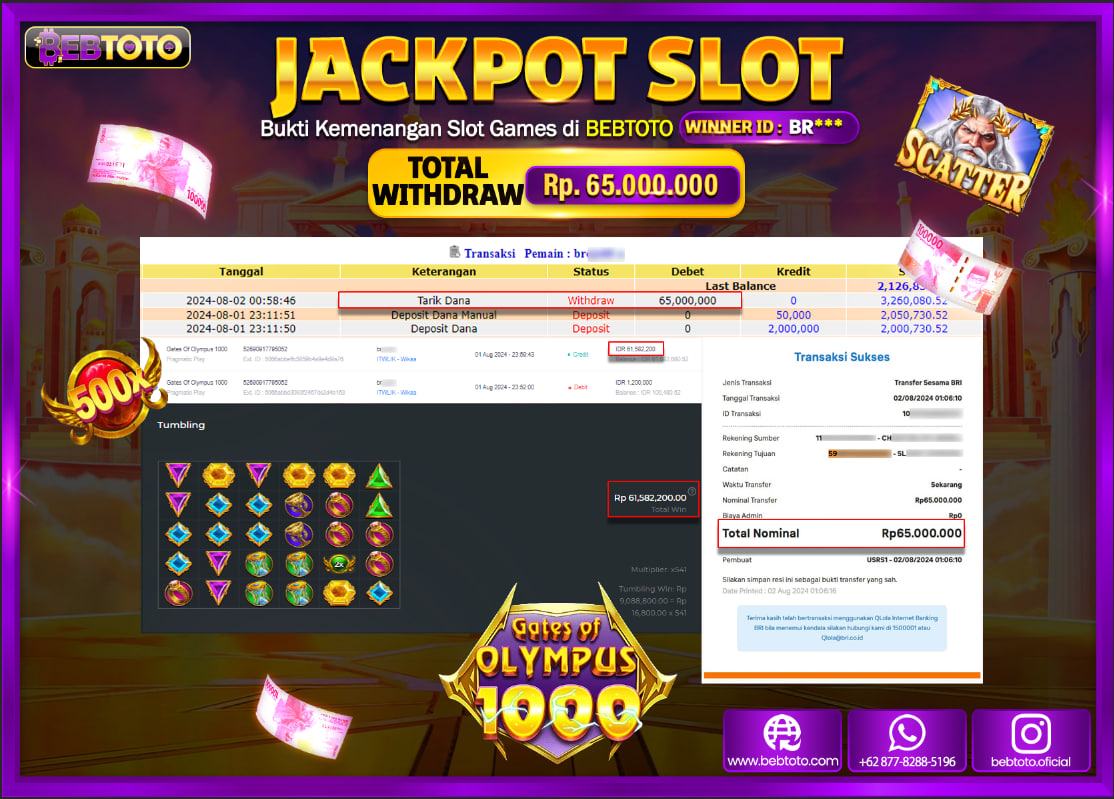 JACKPOT SLOT BEBTOTO Gates Of Olympus 1000 Rp.65.000.000.,- LUNAS