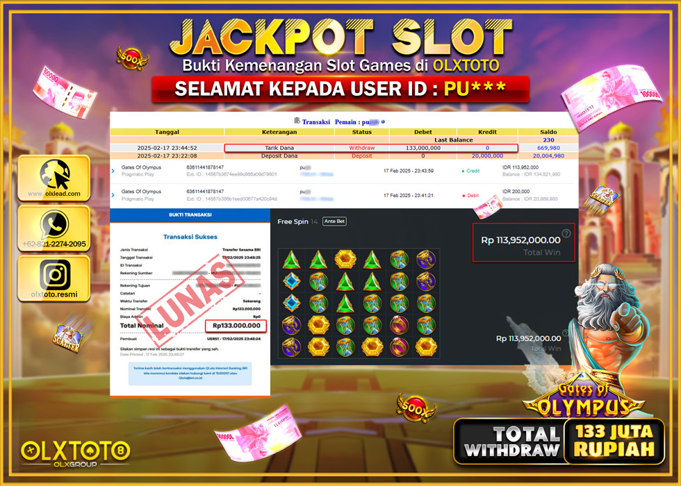 OLXTOTO JACKPOT  SLOT GATES OF OLYMPUS Rp.133.000.000.,- LUNAS