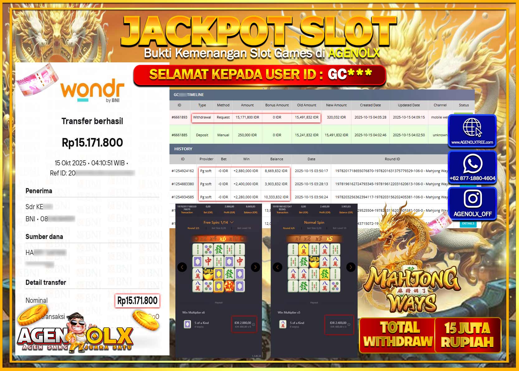 AGENOLX JACKPOT SLOT MAHJONG WAYS Rp 15,171,800,- LUNAS