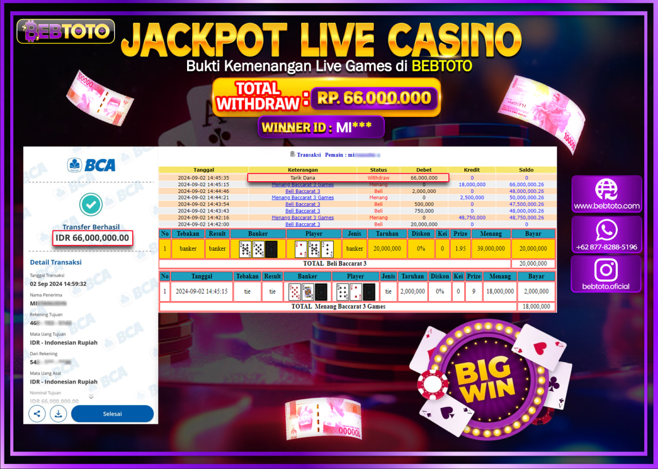 JACKPOT LIVE CASINO BEBTOTO BACCARAT Rp.66.000.000.,- LUNAS