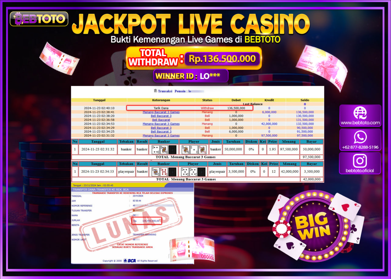 JACKPOT LIVE CASINO BEBTOTO BACCARAT GAMES Rp.136.500.000.,- LUNAS