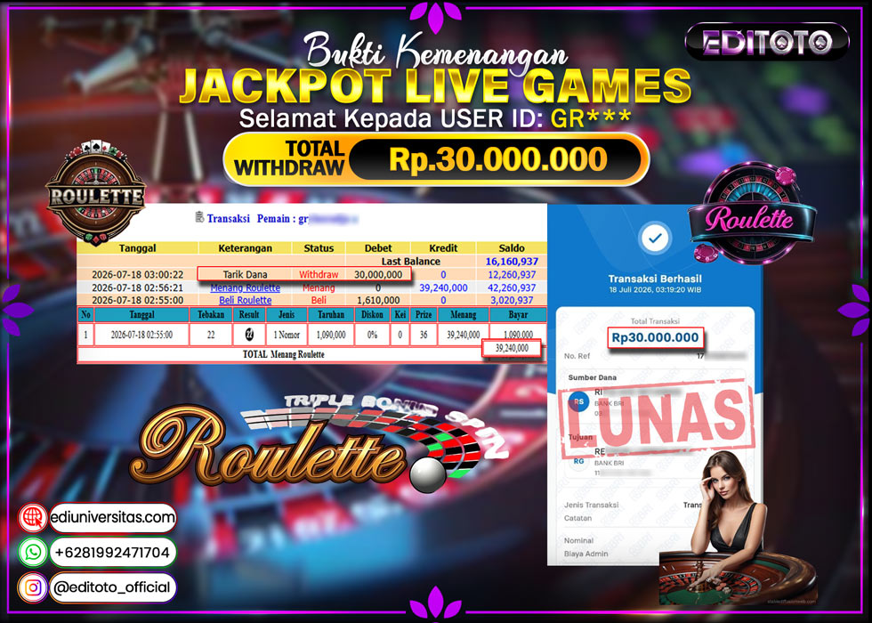 JACKPOT EDITOTO LIVE GAMES ROULETTE GAMES Rp. 30.000.000.,- LUNAS