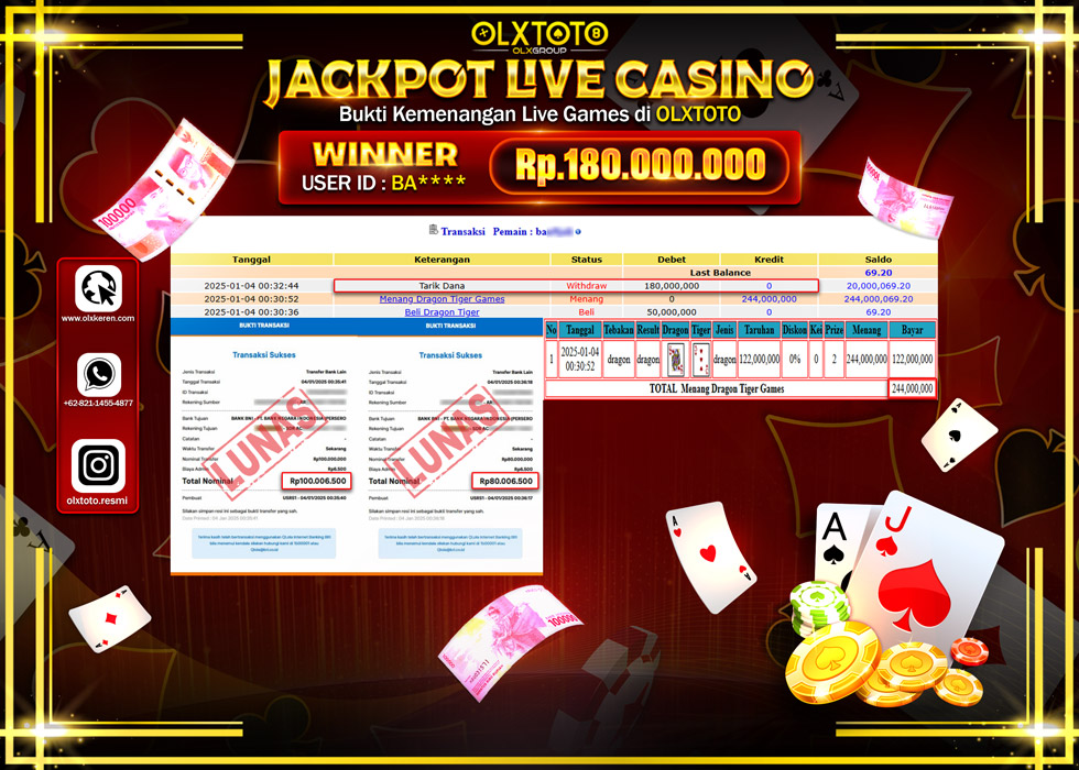 OLXTOTO JACKPOT  LIVE GAMES DRAGON TIGER Rp.180.000.000.,- LUNAS