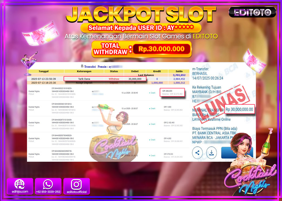 JACKPOT EDITOTO SLOT COCKTAIL NIGHTS Rp.30.000.000,- LUNAS 