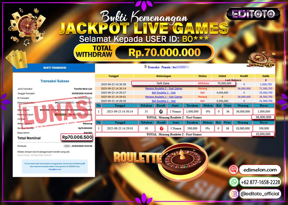JACKPOT EDITOTO LIVE GAMES ROULETTE Rp. 70.000.000.,- LUNAS
