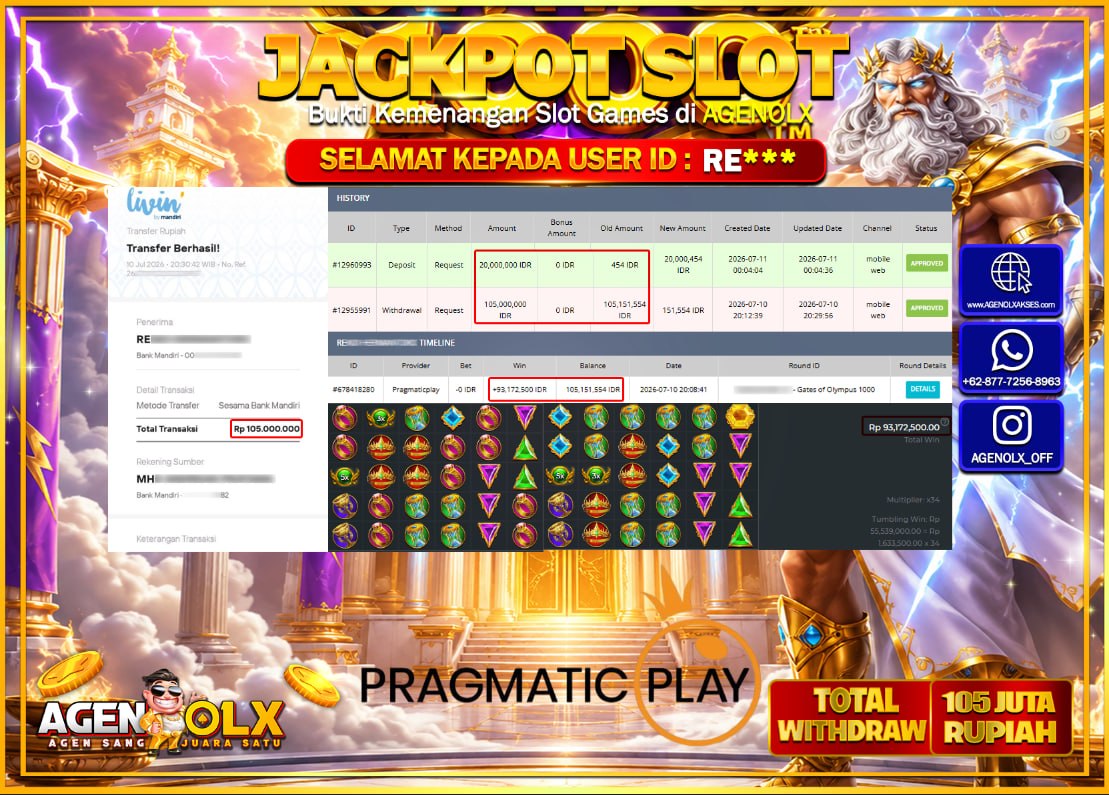 AGENOLX JACKPOT PRAGMATIC PLAY GATES OF OLYMFUS 1000   Rp  105.000.000-LUNAS