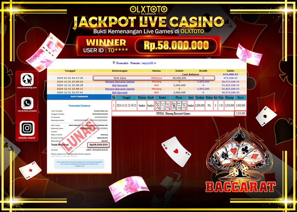 OLXTOTO JACKPOT  LIVE GAMES BACCARAT  Rp.58.000.000.,- LUNAS