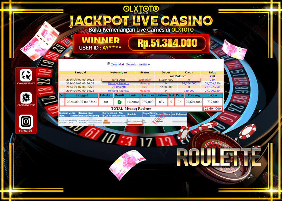 OLXTOTO JACKPOT  LIVE GAMES ROULETTE  Rp.51.384.000.,- LUNAS