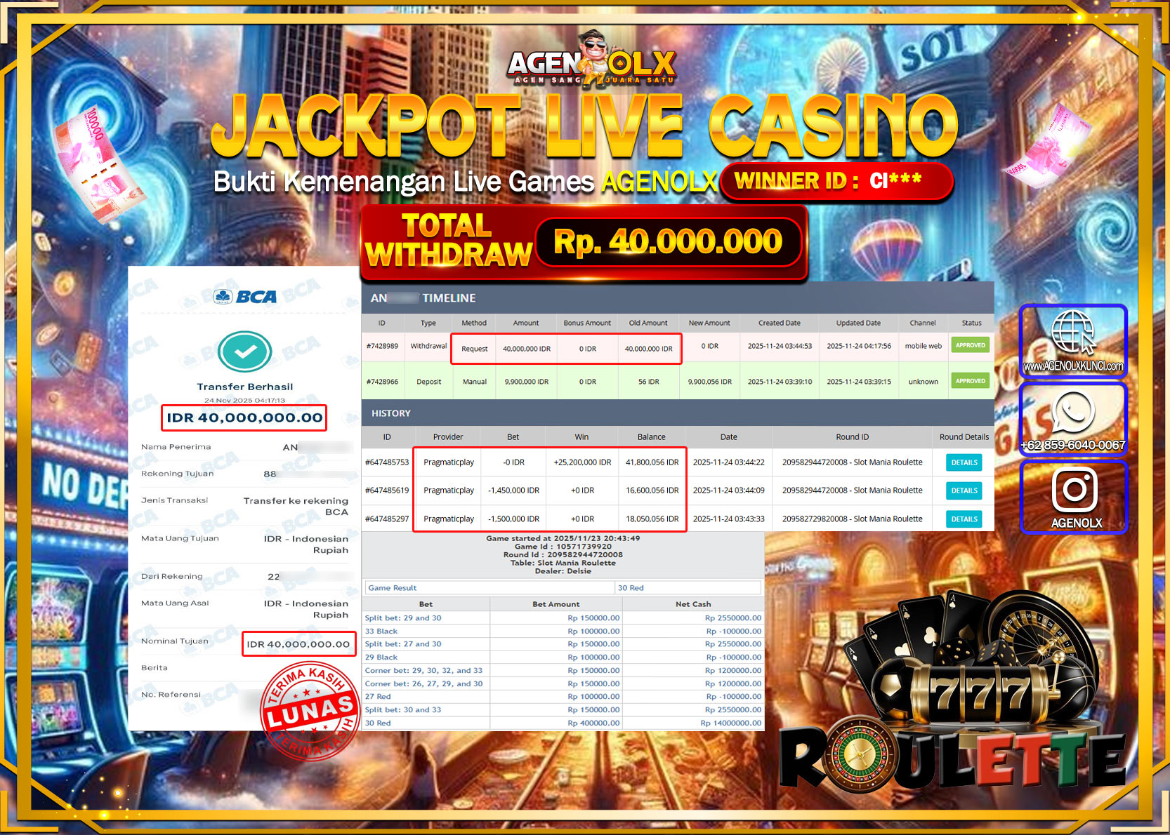 AGENOLX JACKPOT LIVE CASINO SLOT MANIA ROULATE Rp 40,000,000,- LUNAS
