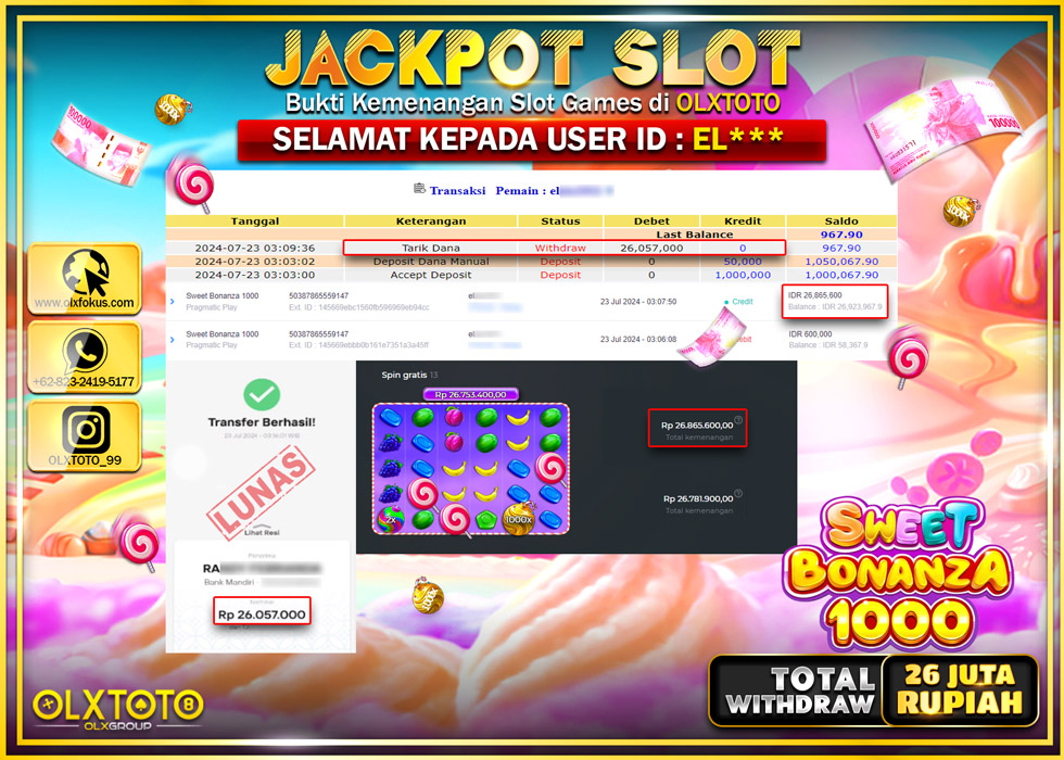 OLXTOTO JACKPOT  SLOT SWEET BONANZA 1000  Rp.26.000.000.,- LUNAS