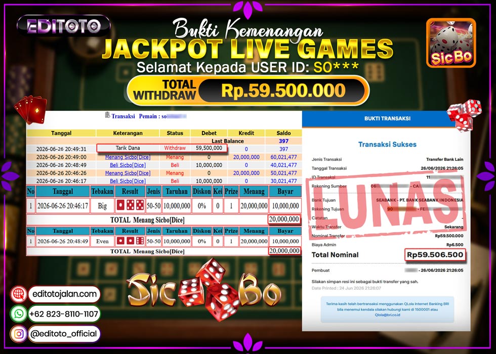 JACKPOT EDITOTO LIVE GAMES  SICBO DICE Rp.59.500.000.,- LUNAS