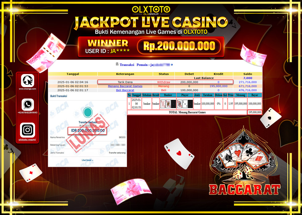 OLXTOTO JACKPOT  LIVE GAMES BACCARAT Rp.200.000.000.,- LUNAS