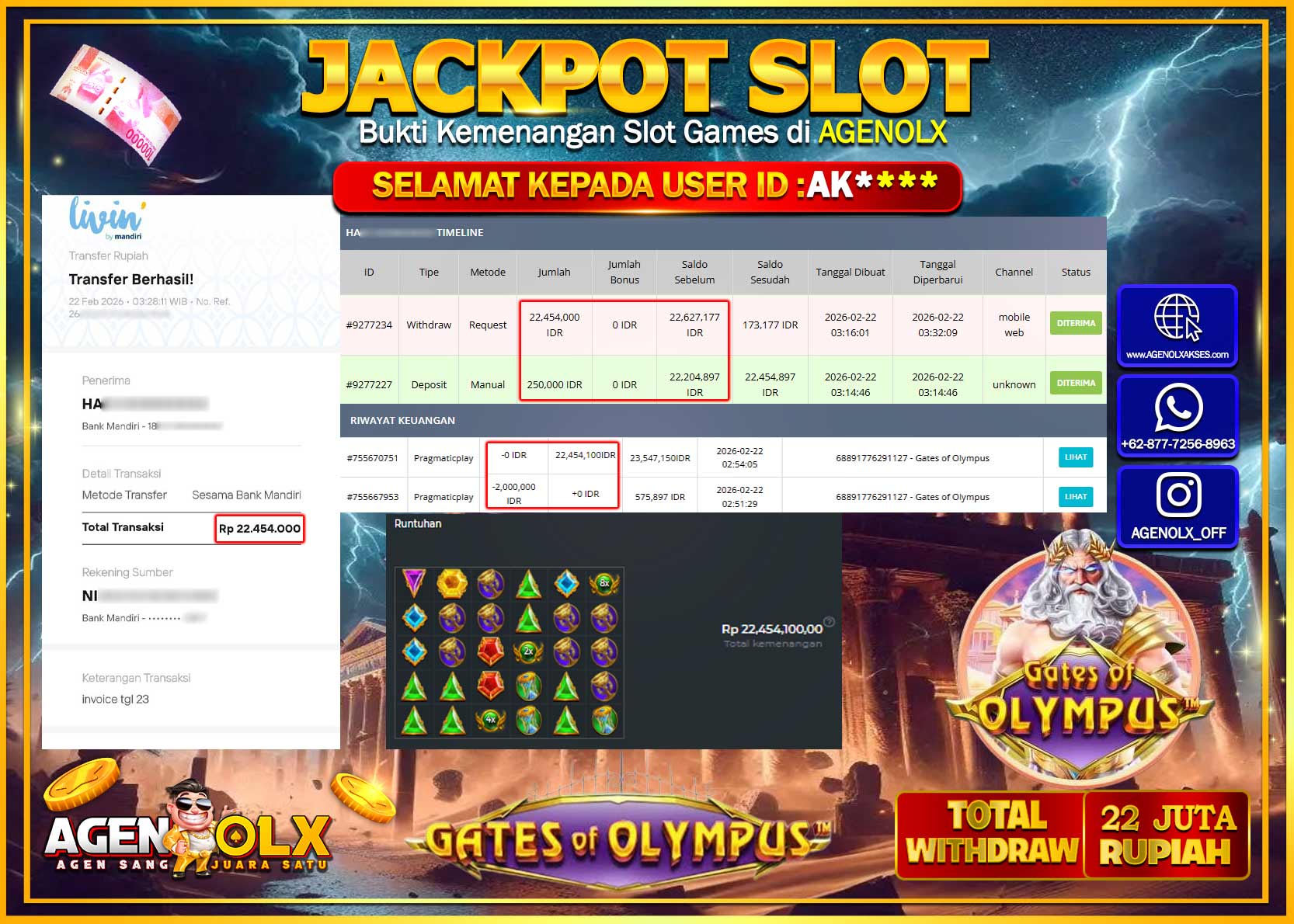AGENOLX JACKPOT SLOT GATES OF OLYMPUS  Rp 22.454.000 - LUNAS  