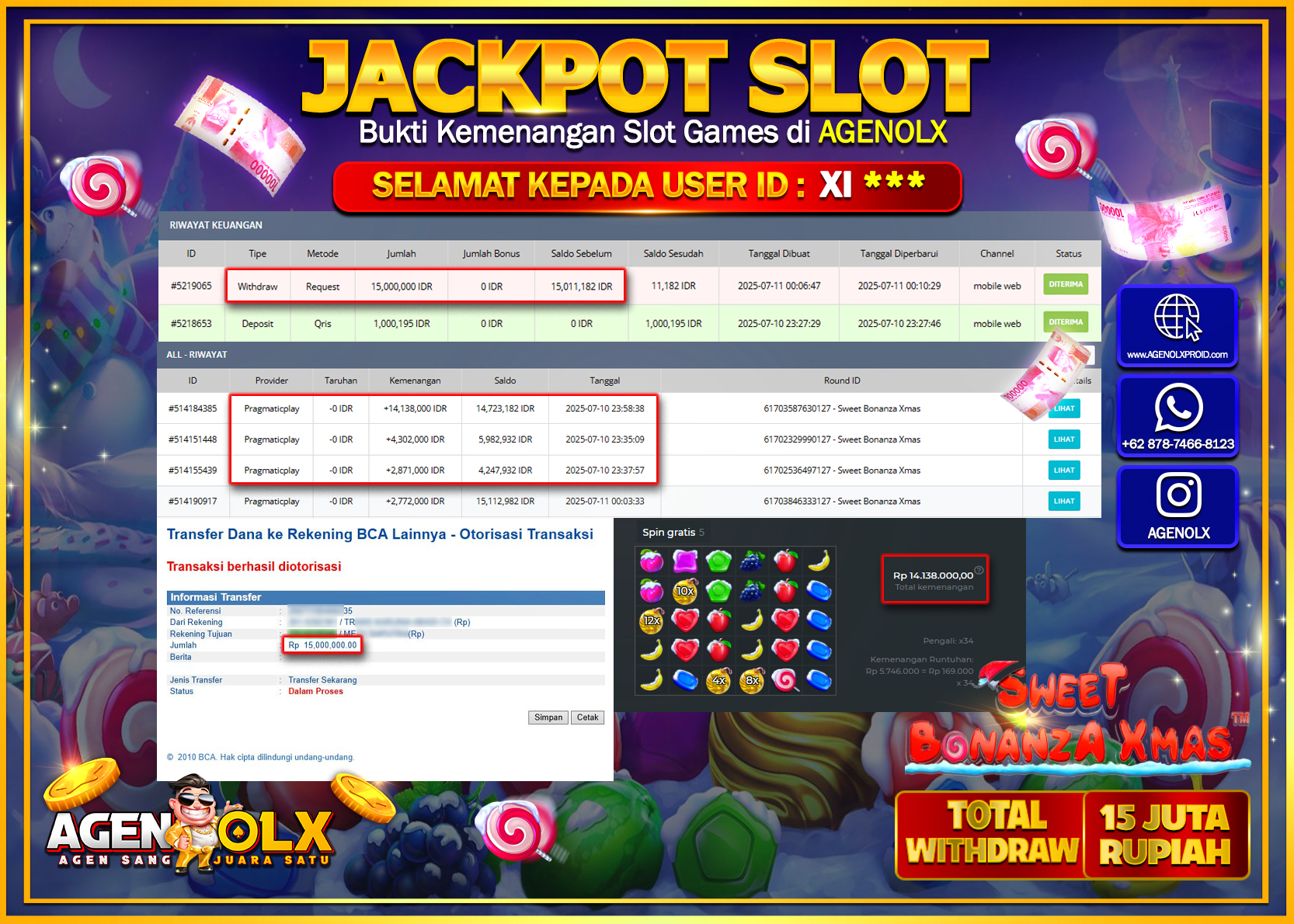 AGENOLX JACKPOT  SLOT SWEET BONANZA XMAS  Rp 15.000.000,- LUNAS