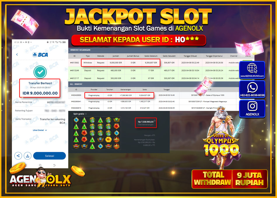 AGENOLX JACKPOT SLOT GATE OF OLYMPUS 1000  Rp 9.000.000,- LUNAS