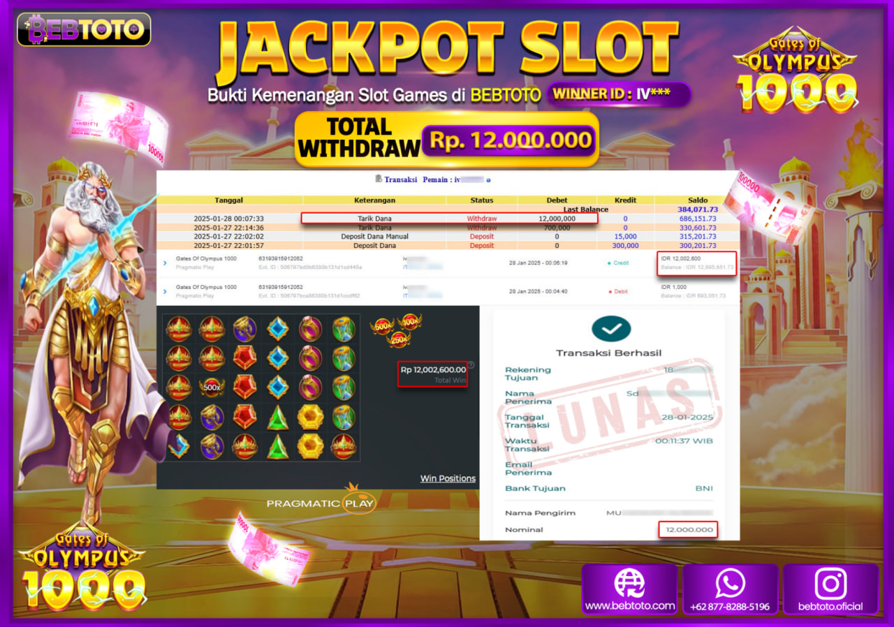 JACKPOT SLOT BEBTOTO Gates Of Olympus 1000  Rp.12.000.000 - LUNAS