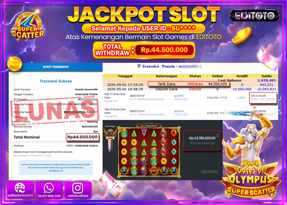 JACKPOT EDITOTO SLOT GATES OF OLYMPUS SUPER SCATTER  Rp.44.500.000,- LUNAS