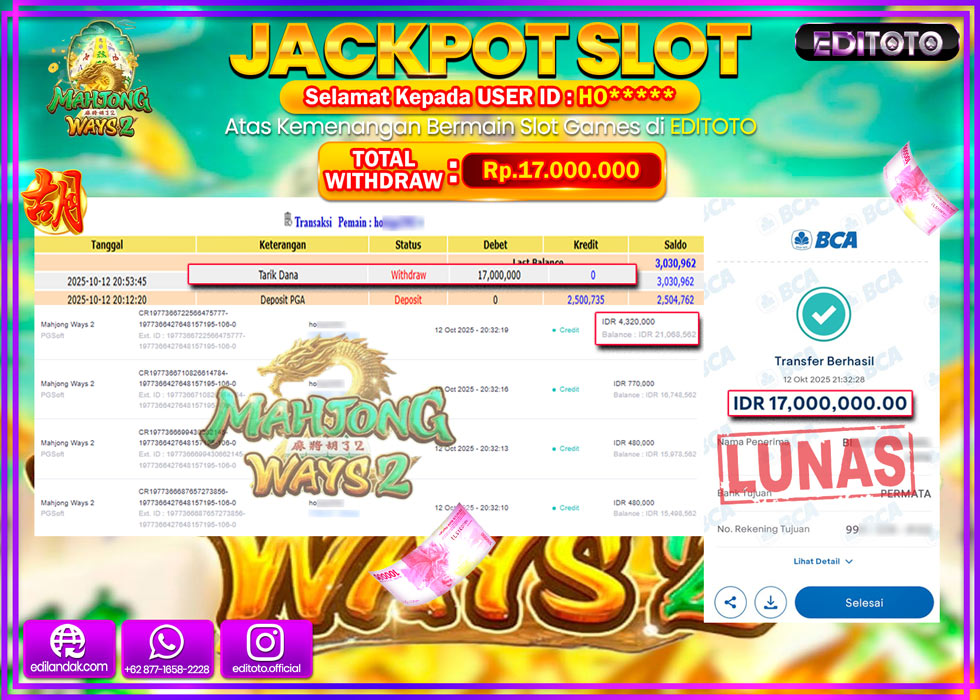 JACKPOT EDITOTO SLOT MAHJONG WAYS 2  Rp.17.000.000,- LUNAS 