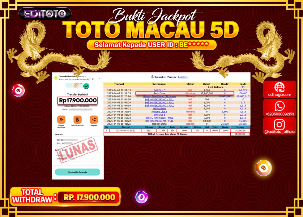JACKPOT EDITOTO TOGEL PASARAN TOTOMACAU 5D Rp.17.900.000.,- LUNAS