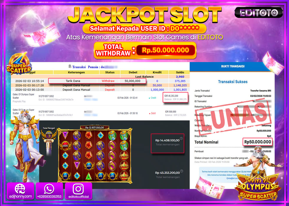 JACKPOT EDITOTO SLOT GATES OF OLYMPUS SUPER SCATTER Rp.50.000.000,- LUNAS