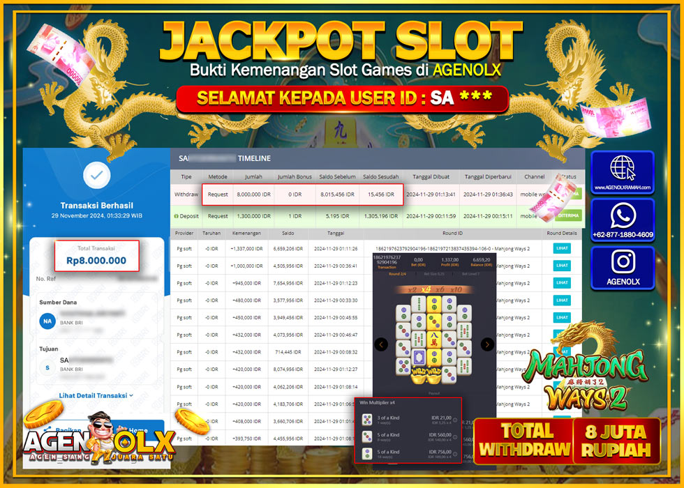 AGENOLX JACKPOT  SLOT MAHJONG WAYS 2  Rp 8.000.000,- LUNAS