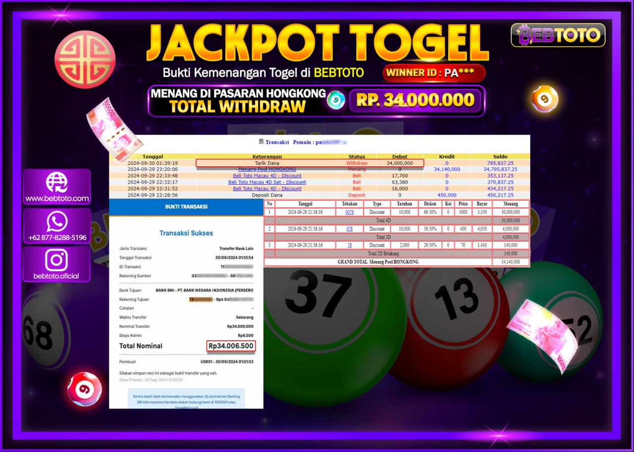 JACKPOT TOGEL BEBTOTO HONGKONG LOTTO Rp.34.000.000.,- LUNAS
