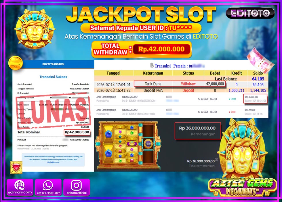 JACKPOT EDITOTO SLOT AZTECH GEMS MEGAWAYS Rp.42.000.000,- LUNAS