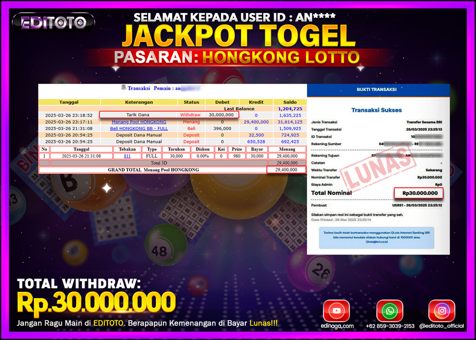 JACKPOT EDITOTO TOGEL PASARAN HONGKONG LOTTO Rp.30.000.000.,- LUNAS