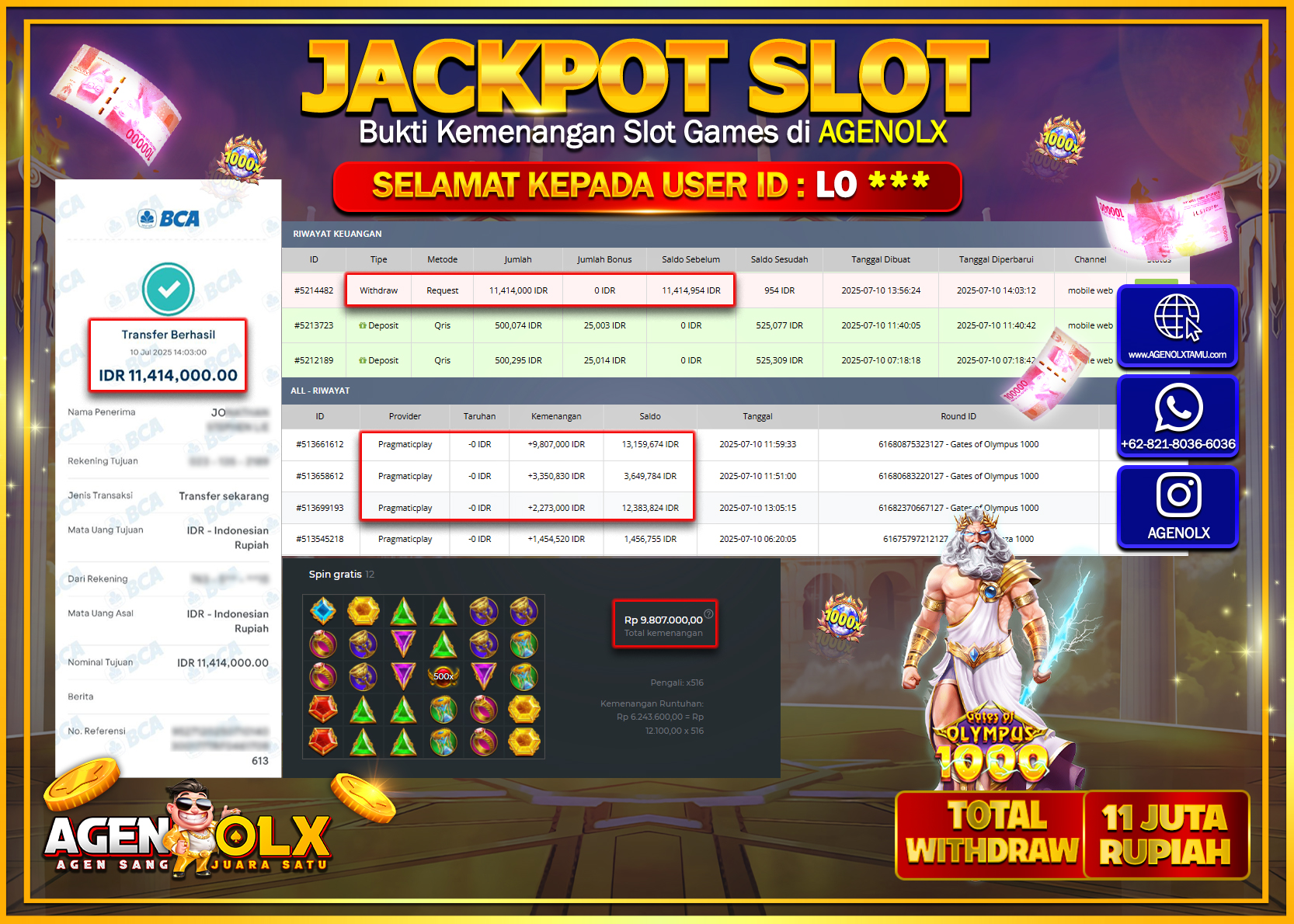 AGENOLX JACKPOT  SLOT GATES OF OLYMPUS 1000  Rp 11.414.000,- LUNAS