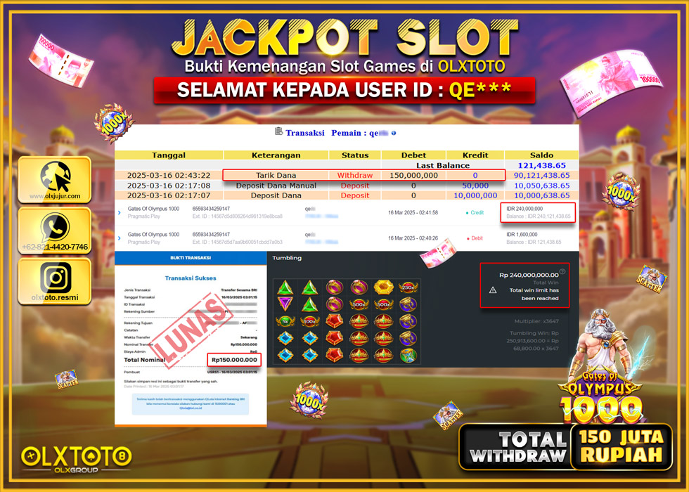 OLXTOTO JACKPOT GATES OF OLYMPUS 1000 Rp.150.000.000.,- LUNAS