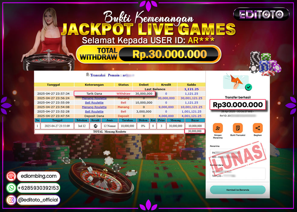 JACKPOT EDITOTO LIVE GAME ROULETTE Rp.30.000.000.,- LUNAS
