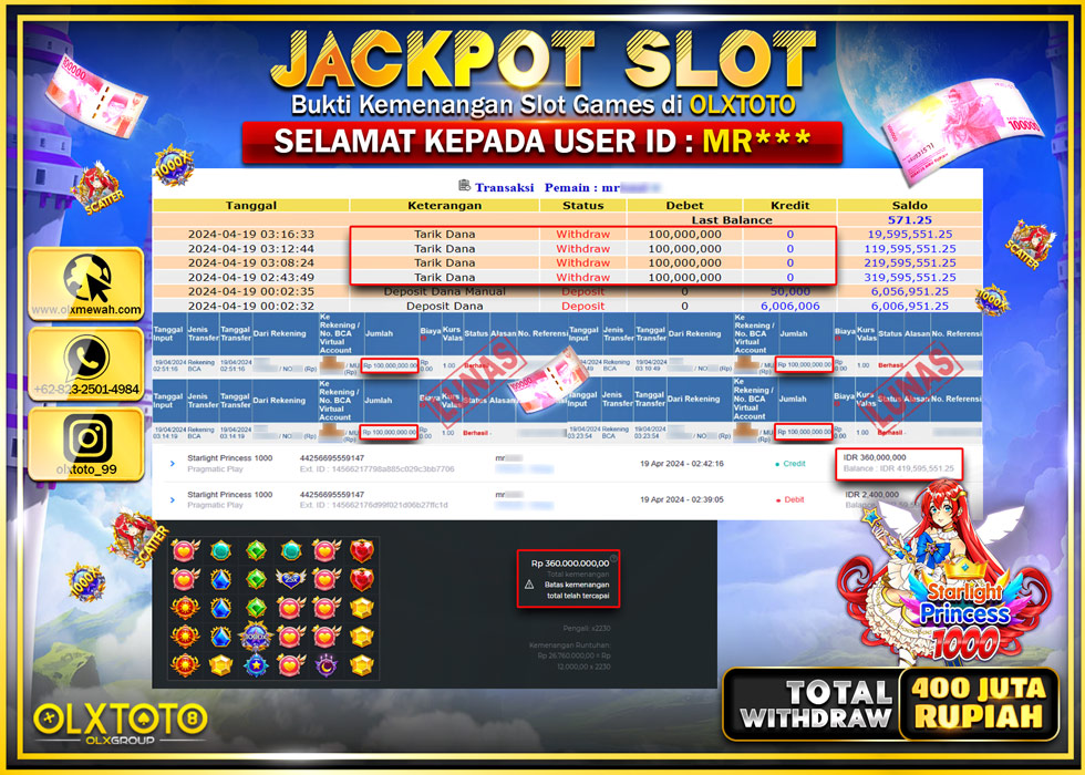 OLXTOTO JACKPOT SLOT STARLIGHT PRINCESS 1000 Rp.400.000.000.,- LUNAS