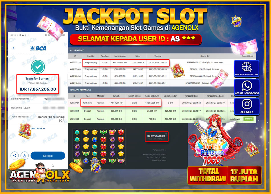 AGENOLX JACKPOT SLOT STARLIGHT PRINCESS 1000 Rp 17.867.206,- LUNAS