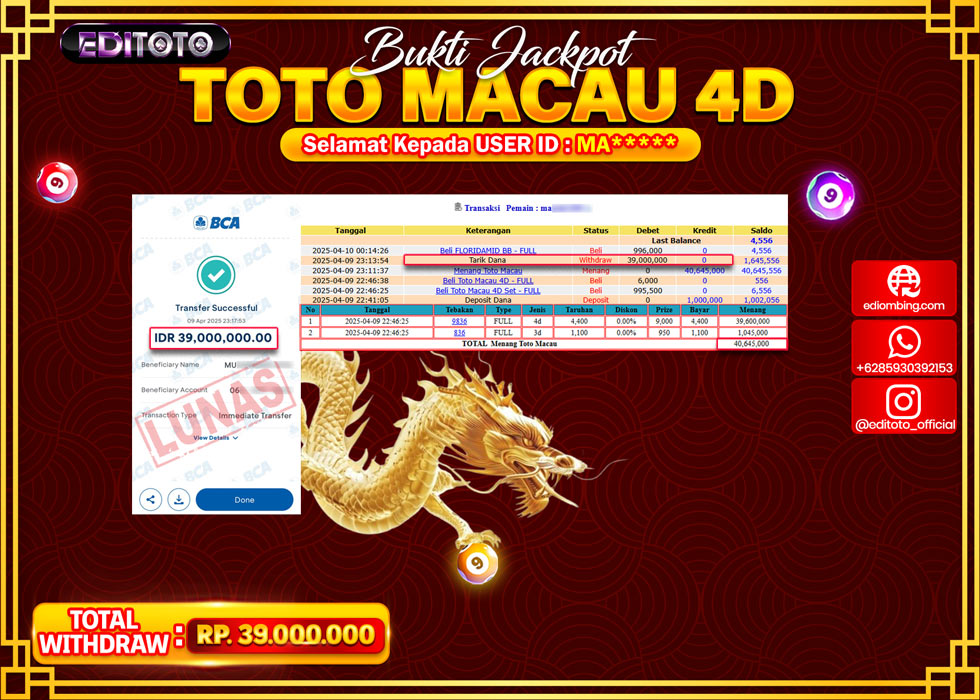 JACKPOT EDITOTO TOGEL PASARAN TOTOMACAU 4D Rp.39.000.000.,- LUNAS