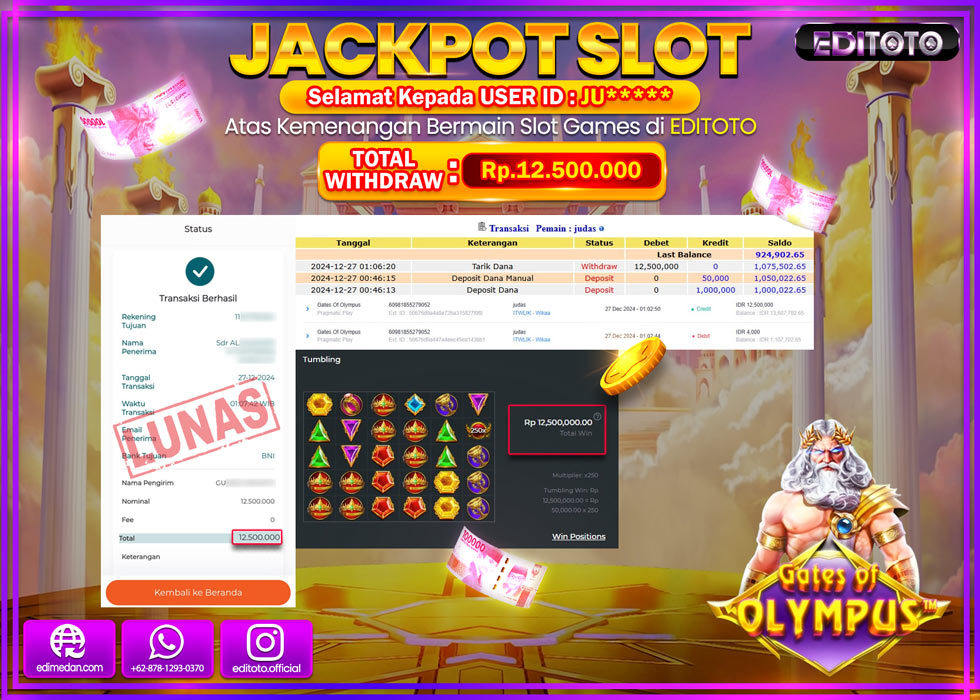 JACKPOT SLOT GATES OF OLYMPUS Rp.12.500.000.,- LUNAS