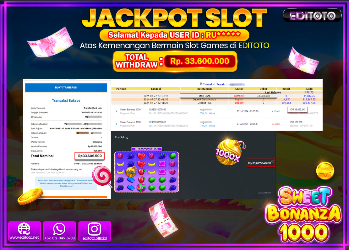 JACKPOT SLOT EDITOTO Sweet Bonanza 1000 Rp.33.600.000.,- LUNAS