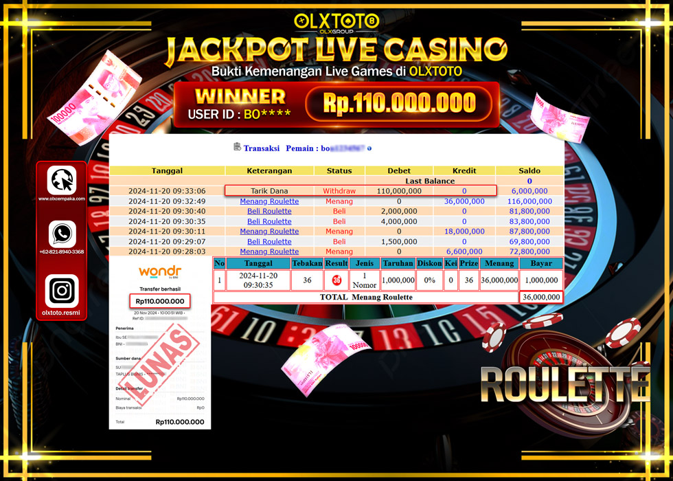 OLXTOTO JACKPOT  LIVE GAMES ROULETTE Rp.110.000.000.,- LUNAS