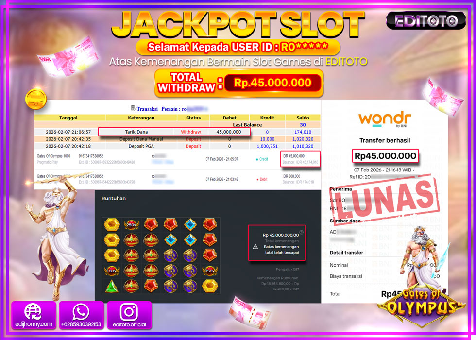 JACKPOT EDITOTO SLOT GATES OF OLYMPUS 1000 Rp.45.000.000,- LUNAS